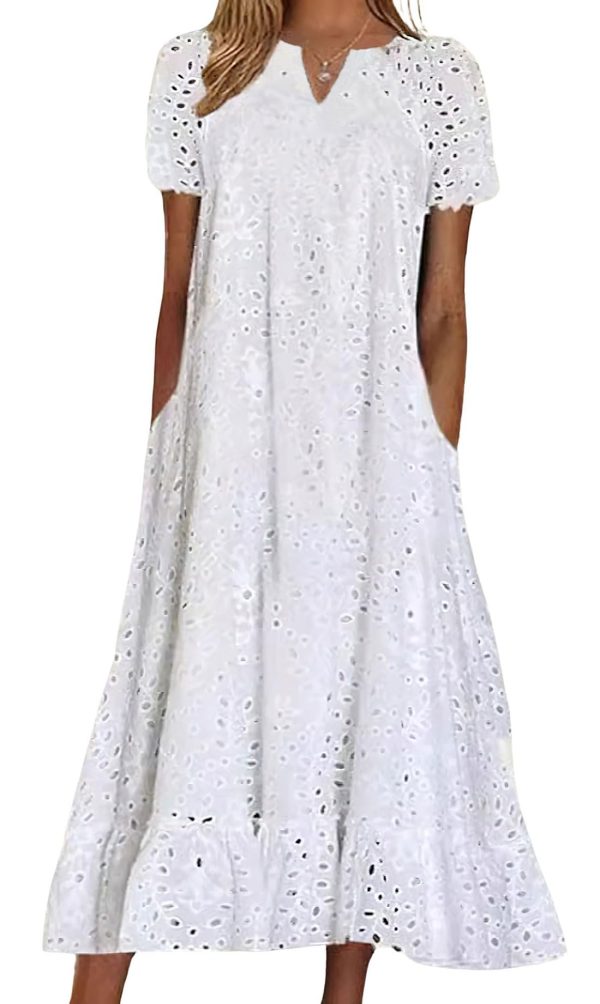 610h42KQ0kL.jpg Women Summer Ruffle Hem Floral Lace Eyelet Dress Casual Notch Neck Midi Tunic Dress with Pocket
