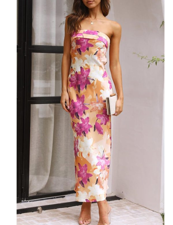 Satin Silk Backless Tube Tops Maxi Dress for Women Low Back Hollow Out Elegant Strapless Long Dresses Wedding Guest