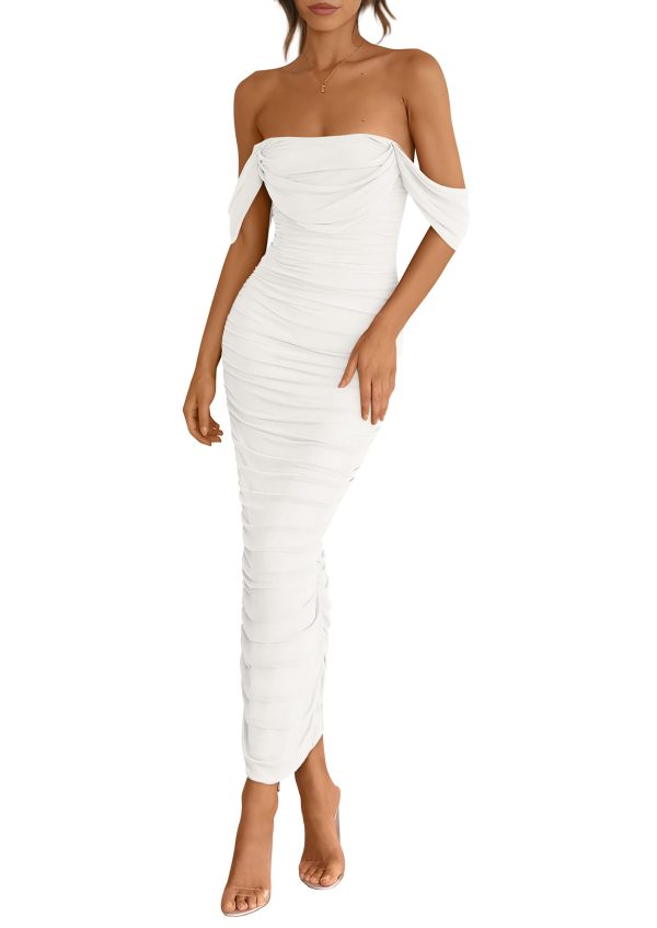 612oWrszzdL.jpg Womens 2025 Summer Off The Shoulder Dress Ruched Bodycon Sleeveless Split Cocktail Party Maxi Dresses