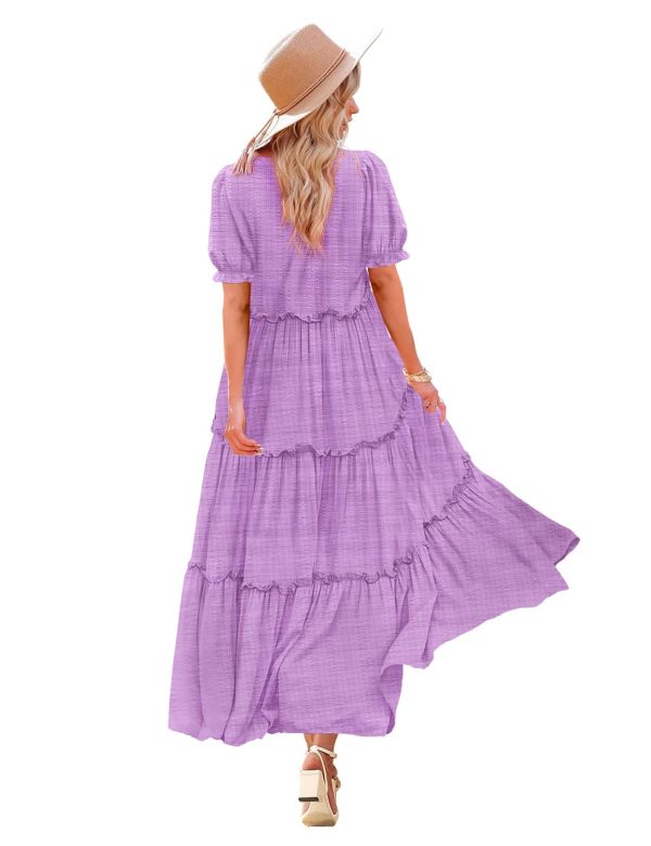6137onCQ2NL.jpg Summer Casual Bohemian Floral Dresses for Women Puff Short Sleeve Long Maxi Dress with Pockets ETX