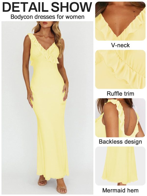 Women Sexy Sleeveless V-Neck Ruffle Backless Summer Dresses Long Formal Dress for Women Cocktail Party Prom Dress