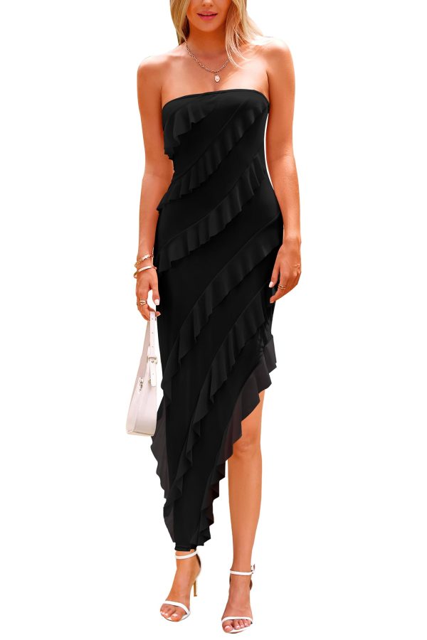 Womens Summer Maxi Dresses 2025 Strapless Tube Ruffle Asymmetrical Bodycon Party Cocktail Formal Long Dress