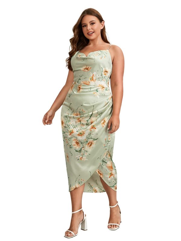 Women's Plus Size Satin Spaghetti Strap Cowl Neck Wrap Party Cami Dress