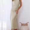 Satin High Neck Backless Sleeveless Midi Dresses for Women Elegant Mock Neck High Waist Cross Back Cocktail Dress