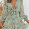 Womens Casual Spring Summer 2025 Deep V Neck Knotted Tiered Chiffon Elegant Mini Short Swing Skater Dresses