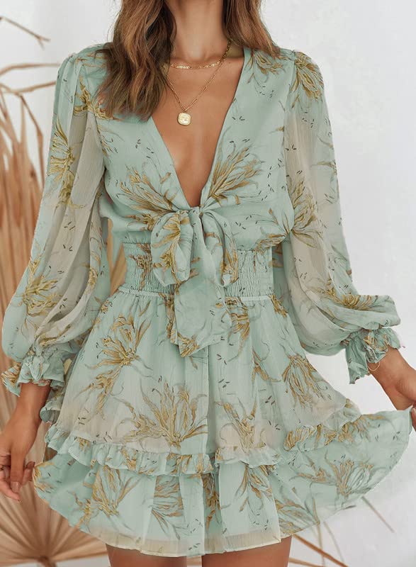 Womens Casual Spring Summer 2025 Deep V Neck Knotted Tiered Chiffon Elegant Mini Short Swing Skater Dresses