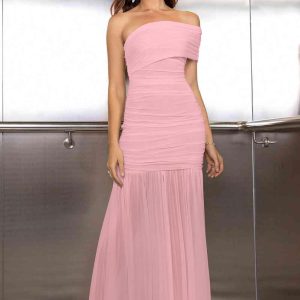 Women's Elegant Formal Long Dress One Shoulder Sleeveless Ruched Bodycon Evening Dress