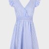 Women's Mini Dress V Neck Flutter Sleeve Striped Smocked Waist A Line Short Summer Cocktail Dress