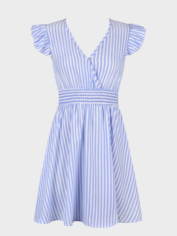 61C3Snl-V3L.jpg Women's Mini Dress V Neck Flutter Sleeve Striped Smocked Waist A Line Short Summer Cocktail Dress