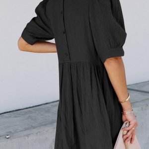 Womens 2025 Spring Summer Crewneck Puff Sleeve Babydoll Elegant Empire Waist Mini Swing Skater Dresses with Pockets