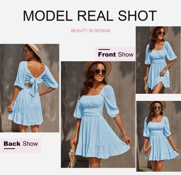 Womens Summer Dresses Square Neck Tie Back Lantern Sleeve Ruffle A-Line Casual Dress