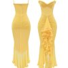 Women Cocktail Maxi Dress Sleeveless Ruched Ruffle Hem Mesh Dresses High Low Split Spaghetti Strap Sundress