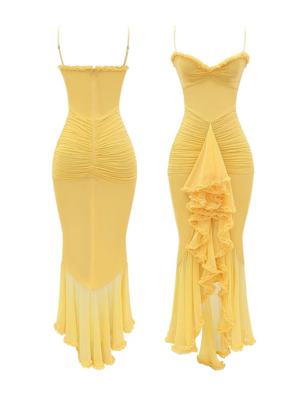 Women Cocktail Maxi Dress Sleeveless Ruched Ruffle Hem Mesh Dresses High Low Split Spaghetti Strap Sundress