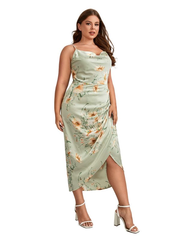 Women's Plus Size Satin Spaghetti Strap Cowl Neck Wrap Party Cami Dress