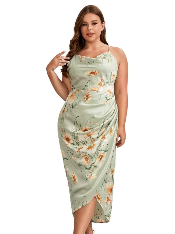 Women's Plus Size Satin Spaghetti Strap Cowl Neck Wrap Party Cami Dress