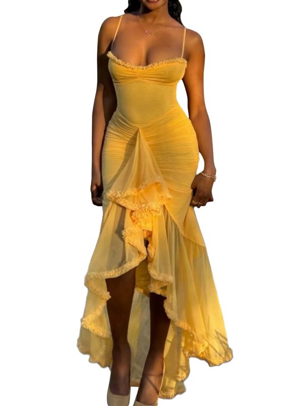 Women Cocktail Maxi Dress Sleeveless Ruched Ruffle Hem Mesh Dresses High Low Split Spaghetti Strap Sundress