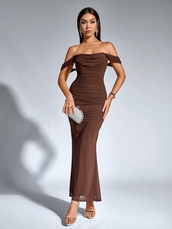 61LCOF4mASL.jpg Off The Shoulder Maxi Long Dress Corset Ruched Bodycon Formal Wedding Guest Dresses for Women