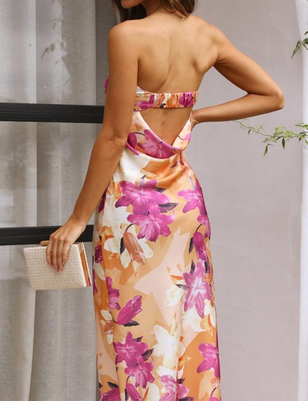 Satin Silk Backless Tube Tops Maxi Dress for Women Low Back Hollow Out Elegant Strapless Long Dresses Wedding Guest
