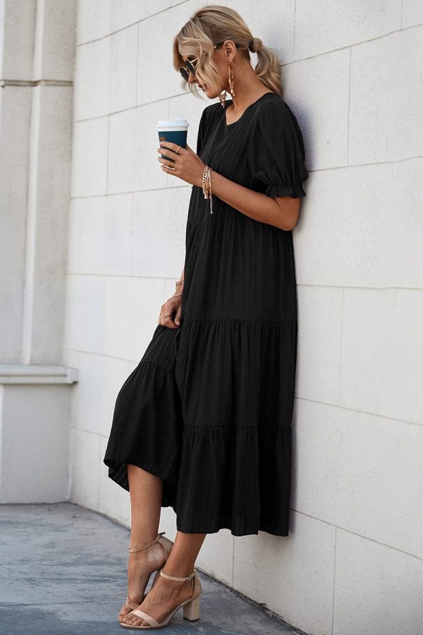 Women's Summer Casual Floral Boho Dress Puff Short Sleeve Ruffle Flowy Beach Party Midi Dresses