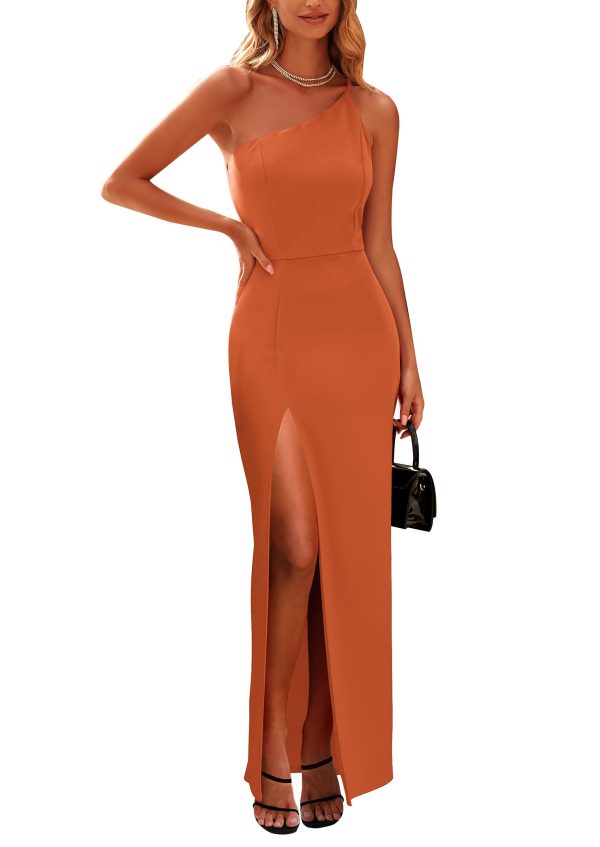 Women's 2025 Summer Formal Wedding Guest Dresses One Shoulder Spaghetti Strap High Slit Maxi Bodycon Dress