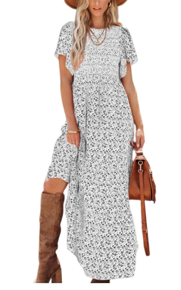 Women's 2025 Summer Casual Flutter Short Sleeve Boho Floral Maxi Dress Crew Neck Smocked Tiered Long Dresses