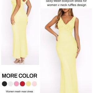 Women Sexy Sleeveless V-Neck Ruffle Backless Summer Dresses Long Formal Dress for Women Cocktail Party Prom Dress