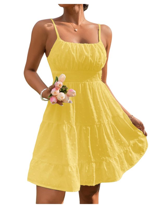 Women's Swiss Dots Sleeveless Ruched Bust Ruffle Hem Cami Short Dress