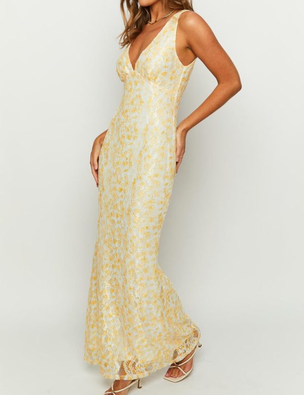 Elegant Lace Floral V Neck Backless Bodycon Dresses for Women Sexy Cut Out Low Back Sleeveless Maxi Dress Wedding Guest