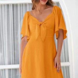 Womens Dresses 2025 Summer Fall Deep V Neck Elegant Bow tie Mini Dress S-XL