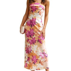 Satin Silk Backless Tube Tops Maxi Dress for Women Low Back Hollow Out Elegant Strapless Long Dresses Wedding Guest