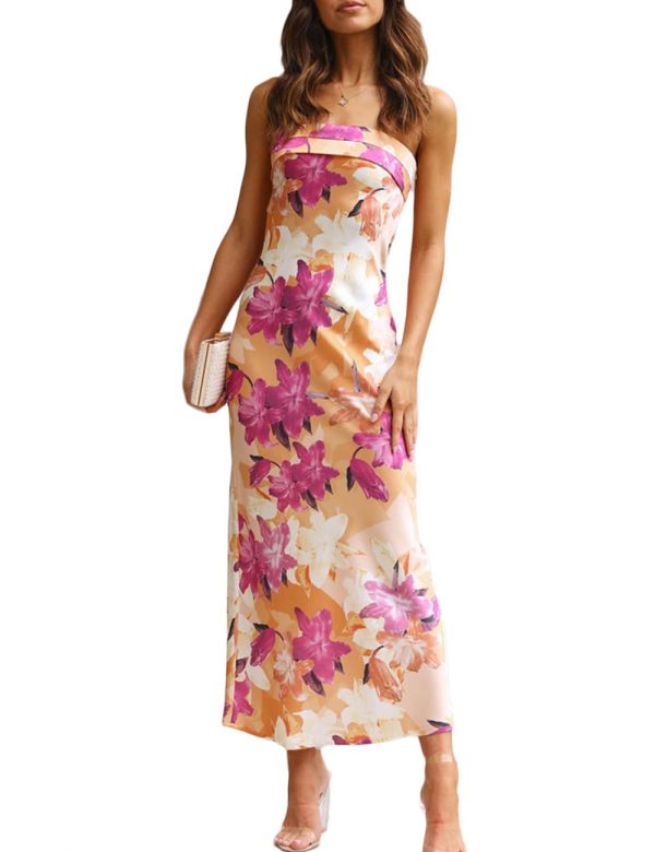 Satin Silk Backless Tube Tops Maxi Dress for Women Low Back Hollow Out Elegant Strapless Long Dresses Wedding Guest