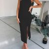 Women's Adjustable Spaghetti Straps Sleeveless High Waist Split Midi Bodycon Cocktail Party Dress