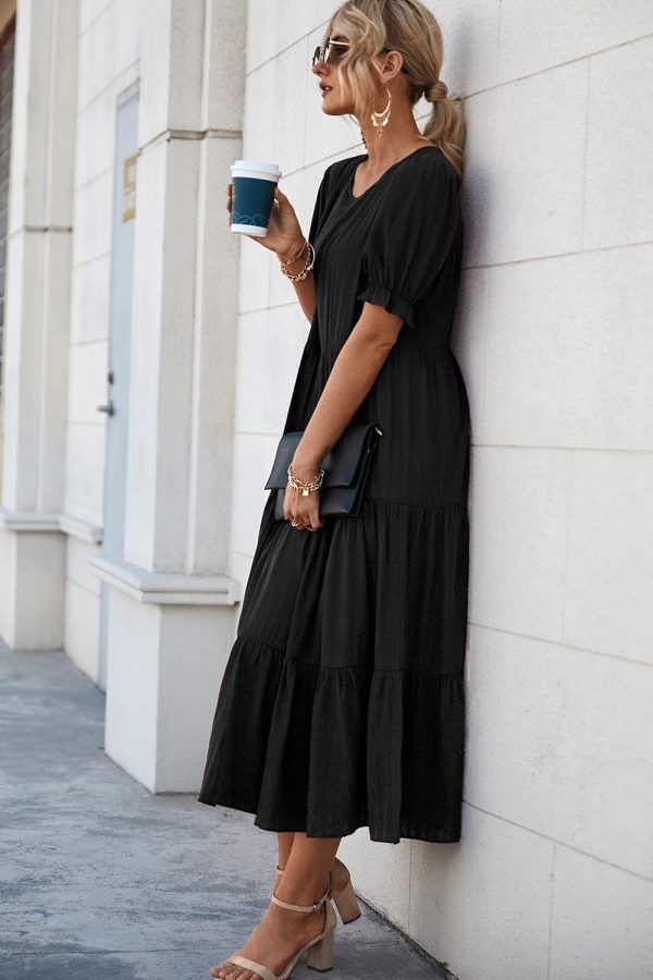 Women's Summer Casual Floral Boho Dress Puff Short Sleeve Ruffle Flowy Beach Party Midi Dresses