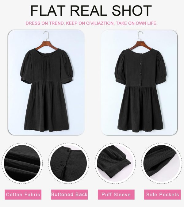 61xJ-7iW2L.jpg Womens 2025 Spring Summer Crewneck Puff Sleeve Babydoll Elegant Empire Waist Mini Swing Skater Dresses with Pockets