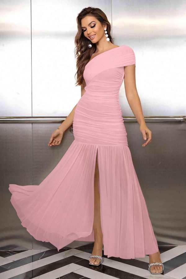 Women's Elegant Formal Long Dress One Shoulder Sleeveless Ruched Bodycon Evening Dress