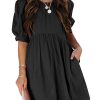 Womens 2025 Spring Summer Crewneck Puff Sleeve Babydoll Elegant Empire Waist Mini Swing Skater Dresses with Pockets