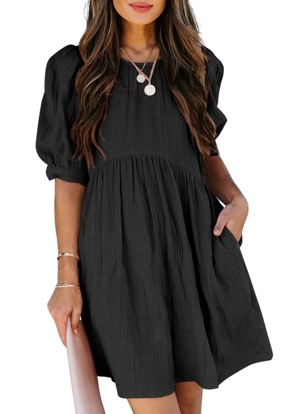 61y9CCtQm7L.jpg Womens 2025 Spring Summer Crewneck Puff Sleeve Babydoll Elegant Empire Waist Mini Swing Skater Dresses with Pockets