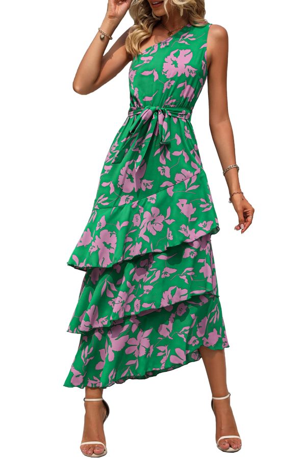 Women's Summer Floral Sundress Casual One Shoulder Tiered Ruffle Flowy Midi Beach Boho Dresses