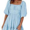 Womens Summer Dresses Square Neck Tie Back Lantern Sleeve Ruffle A-Line Casual Dress