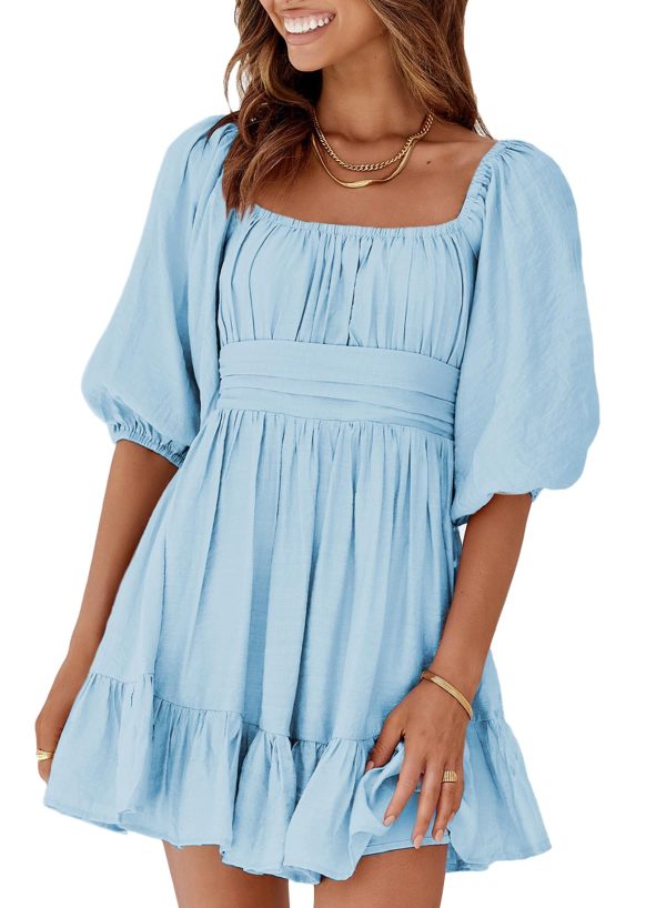 Womens Summer Dresses Square Neck Tie Back Lantern Sleeve Ruffle A-Line Casual Dress