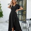 Long Black Formal Dresses for Women Gowns Evening Party Cocktail Dress,Split Elegant V Neck Wrap Ruffle Wedding Guest Dresses