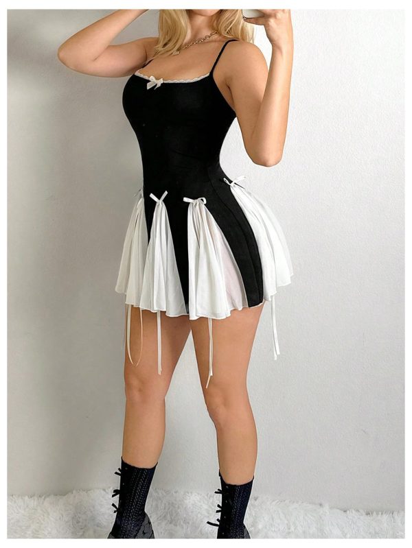 715WIedP10L.jpg Women's Y2K Bow Tie Criss Cross Backless Mini Dress Colorblock Lace Cami Dress