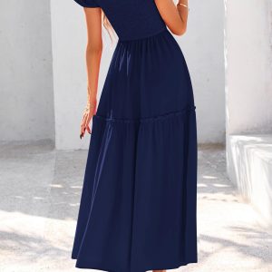 Smocked Summer Dresses for Women 2025 Wedding Guest Midi Flowy Ruffle Short Sleeve Square Neck Tiered Sundress