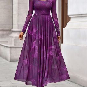Women Maxi Dress Fall 2025 Fashion Elegant Long Sleeve Square Neck Floral Print Party Club Wedding Guest Dresses