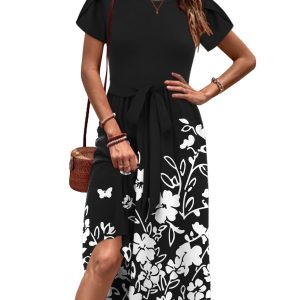 Womens Midi Dress Summer Short Sleeve Dress with Pockets 2025 Casual Floral T-Shirt Dress Flowy Beach Sundress