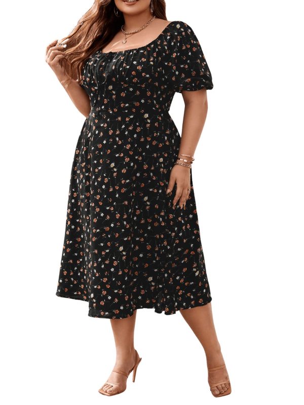 717K7arW2L.jpg Women's Plus Size Floral Print Tie Front Square Neck Slit Hem Midi Dress