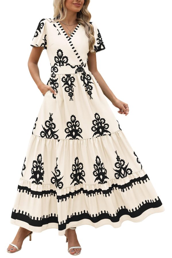 718u-jSEcIL.jpg Womens 2025 Summer Casual V Neck Boho Maxi Dress Flowy Aline Bell Sleeve Tiered Floral Dresses with Pocket