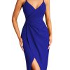 Women's Wrap V Neck Sleeveless Spaghetti Strap Ruched Bodycon Midi Slit Summer Party Cocktail Dress