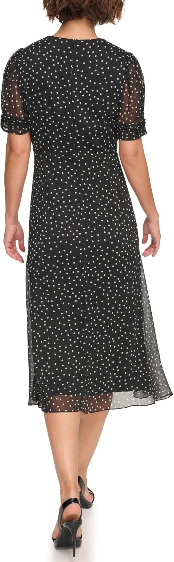 Women's Short Sleeve Button Front Fit & Flare Midi Dress Black/Cream Size:12