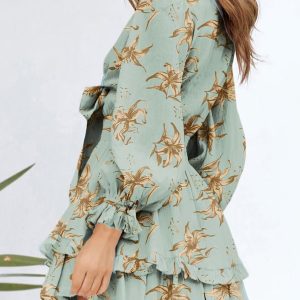 Womens Casual Spring Summer 2025 Deep V Neck Knotted Tiered Chiffon Elegant Mini Short Swing Skater Dresses